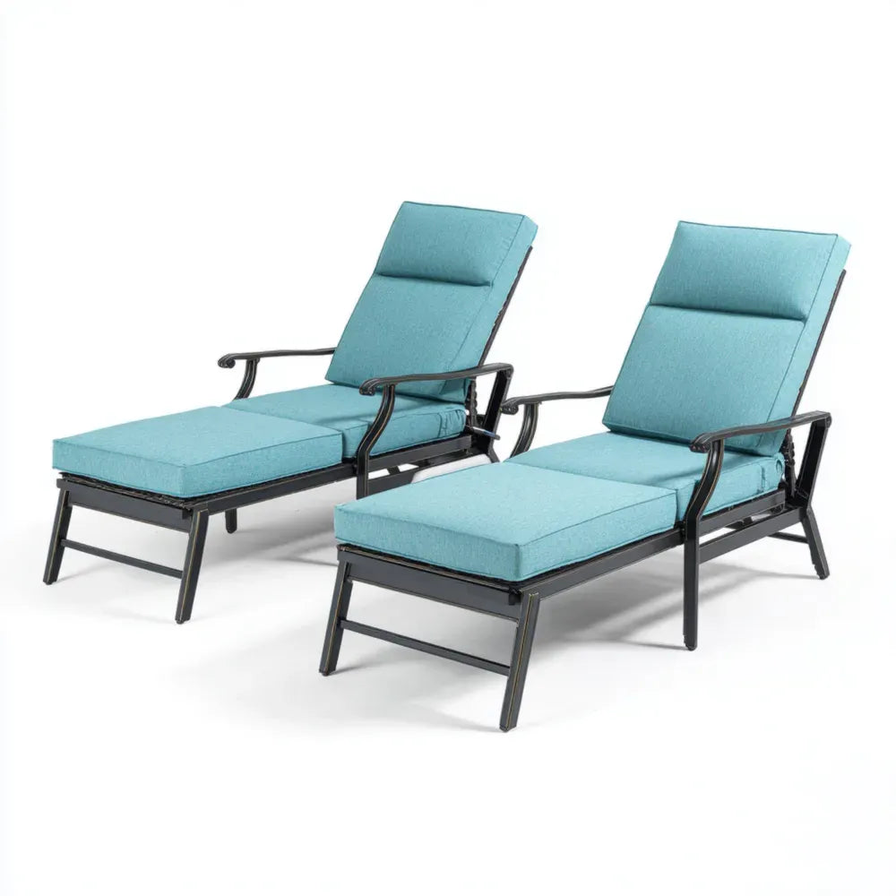 Patio Recliner Set 180x65x95 cm - Metal Frame Turquoise Cushions - Outdoor Lounge Chairs